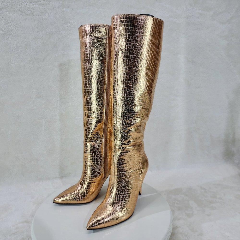 Rose Gold Metallic  Festive   Pointy Toe Boots With 4 inch Stiletto Heel